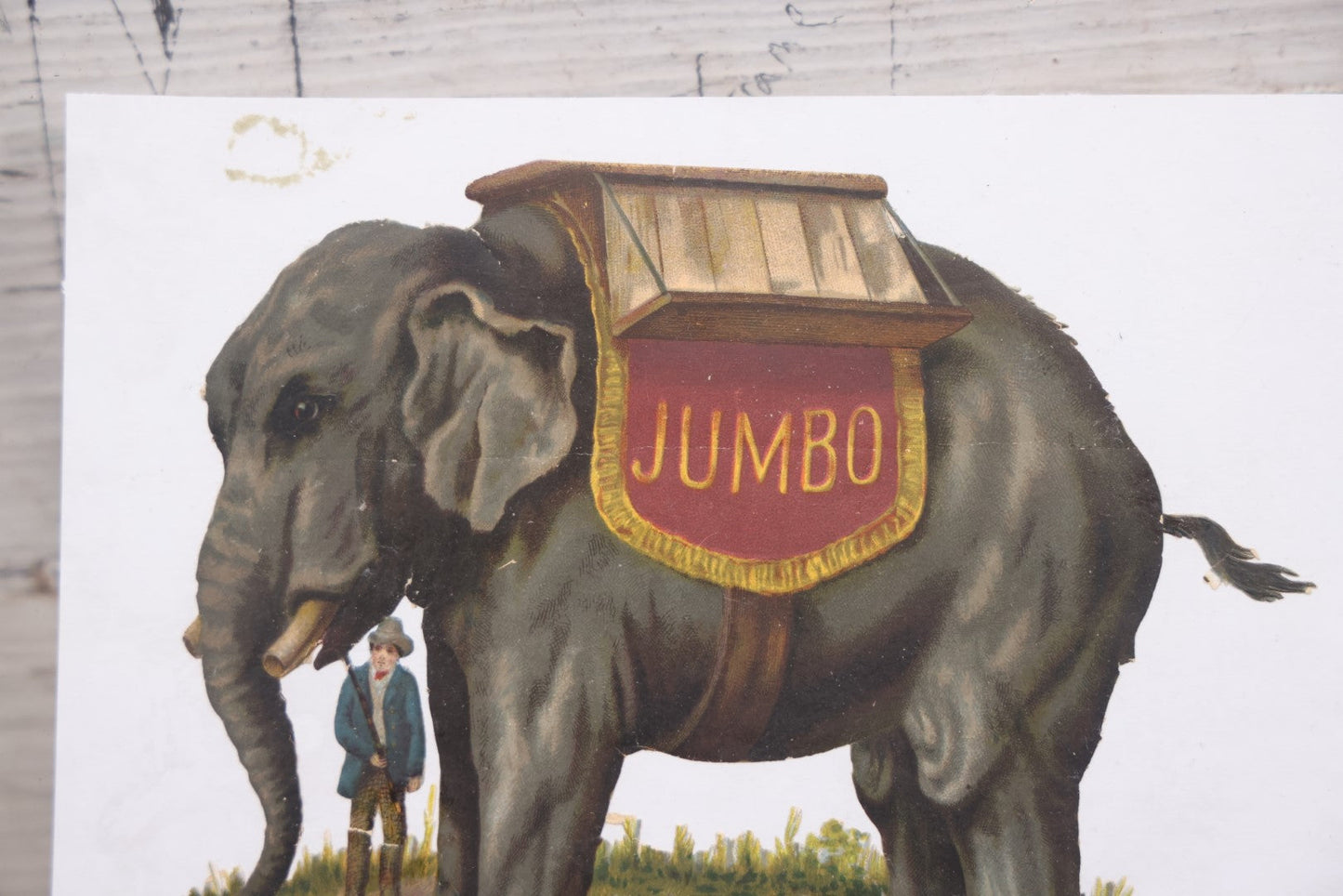 Lot 098 - Single Ephemera Scrap, Die Cut Circus Elephant "Jumbo" Mounted To Plain White Paper, Note Losses, Tail Detached