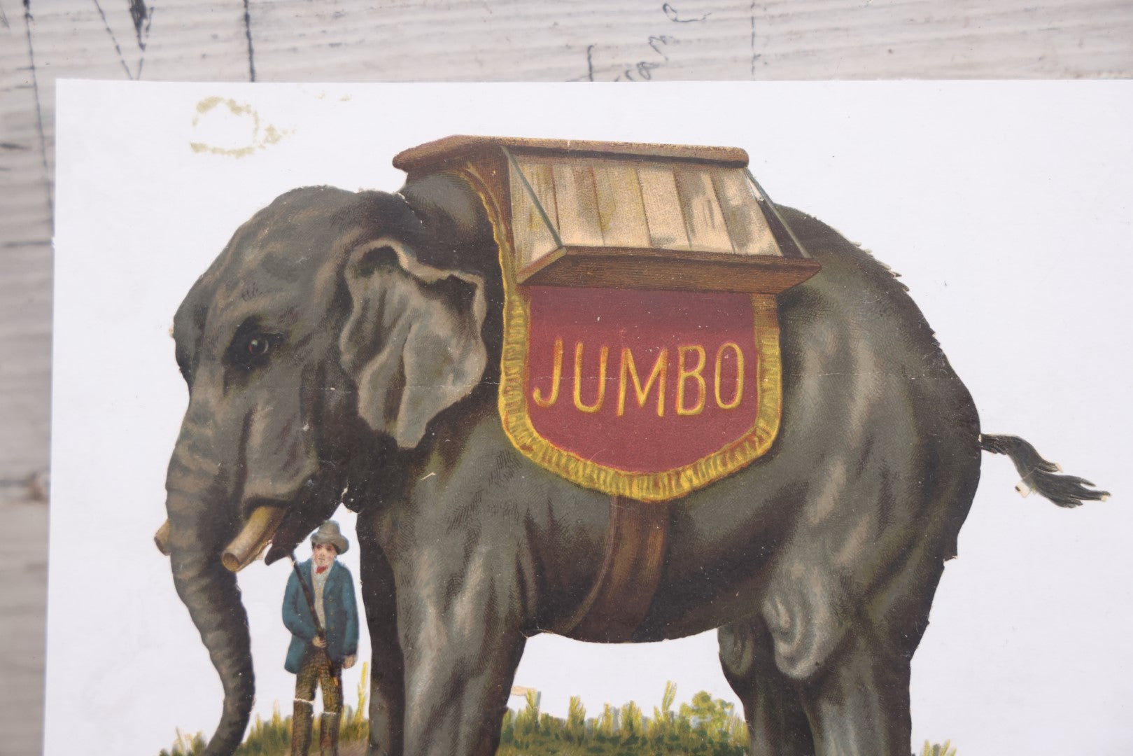 Lot 098 - Single Ephemera Scrap, Die Cut Circus Elephant "Jumbo" Mounted To Plain White Paper, Note Losses, Tail Detached