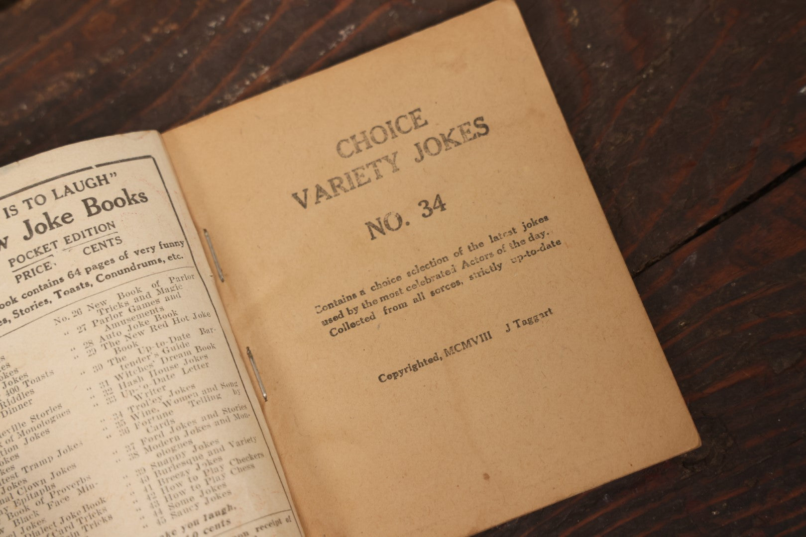 Lot 101 - "New Variety Jokes" Antique Joke Booklet, No. 34, 1908, By J. Taggart