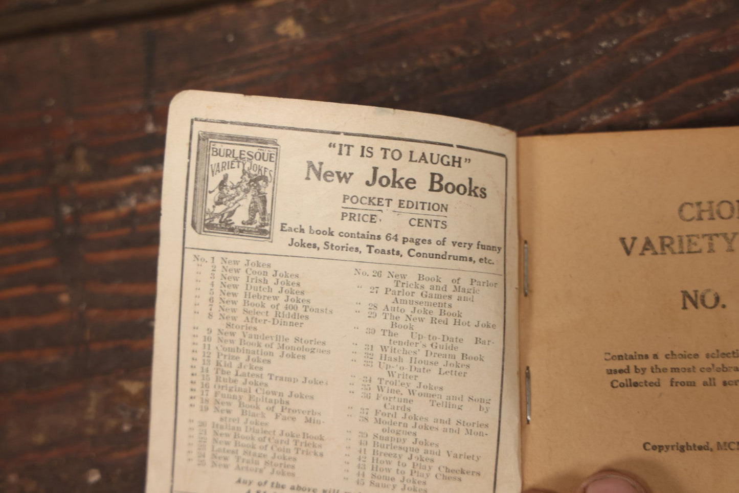 Lot 101 - "New Variety Jokes" Antique Joke Booklet, No. 34, 1908, By J. Taggart