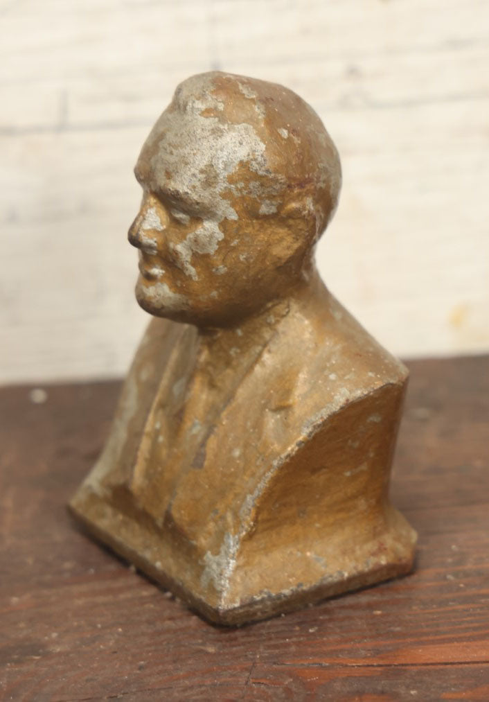 Lot 031 - Heavy Cast Metal Bust, Likely President Franklin Delano Roosevelt Or Lyndon B. Johnson, Poorly Cast, Gold Paint