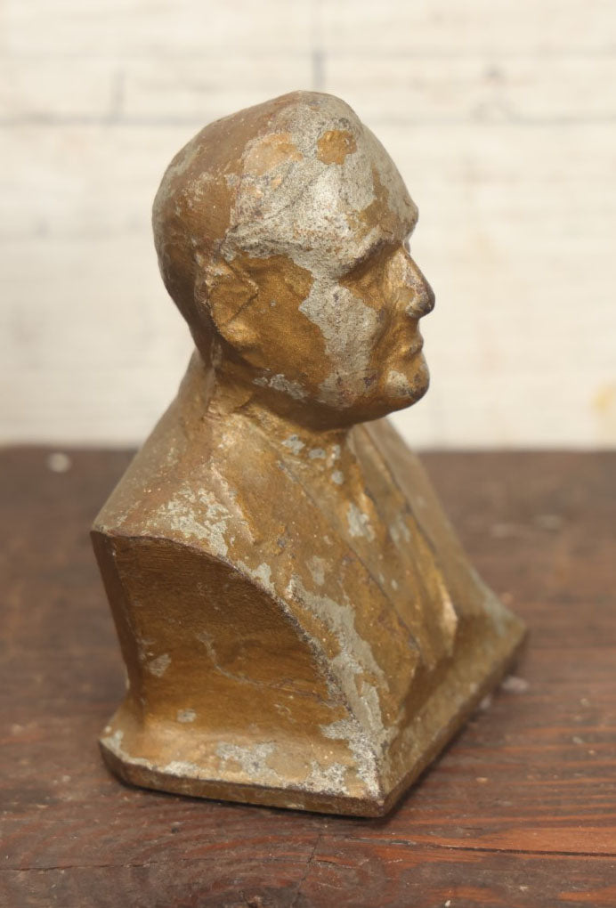 Lot 031 - Heavy Cast Metal Bust, Likely President Franklin Delano Roosevelt Or Lyndon B. Johnson, Poorly Cast, Gold Paint