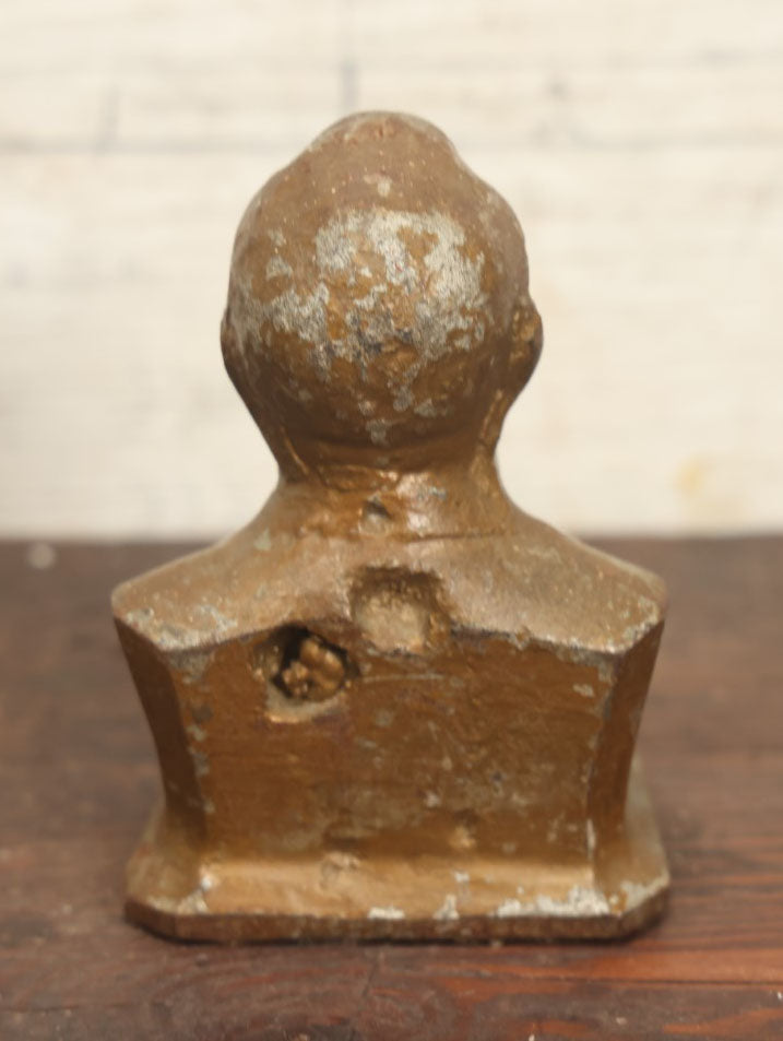 Lot 031 - Heavy Cast Metal Bust, Likely President Franklin Delano Roosevelt Or Lyndon B. Johnson, Poorly Cast, Gold Paint