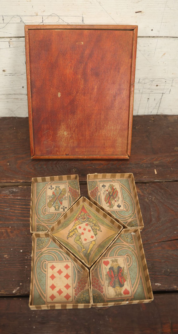 Lot 040 - Antique French Board Game Partial Box With Lithographed Containers, Nain Jaune, "The Yellow Dwarf," With Clown And Playing Card Motifs, By N.K., Editburs-Fabricaxts, Paris, Incomplete