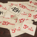 Lot 104 - Grouping Of 25 Larger Vintage Five And Dime Store Pricing Labels, 20C, 5C A Pair, 5C A Cake, And More, Approximately 7" x 5-1/2"