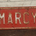 Lot 111 - Vintage Pressed Metal Bicycle License Name Plate "Marcy" In Red With With White Lettering, White Diamonds