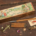 Lot 124 - Small Trinket Box Lot Grouping Including Antique Wood Pencil Box With Fairy Tale Scene, Fold Out Ruler, Wooden Pen, Pins, And More