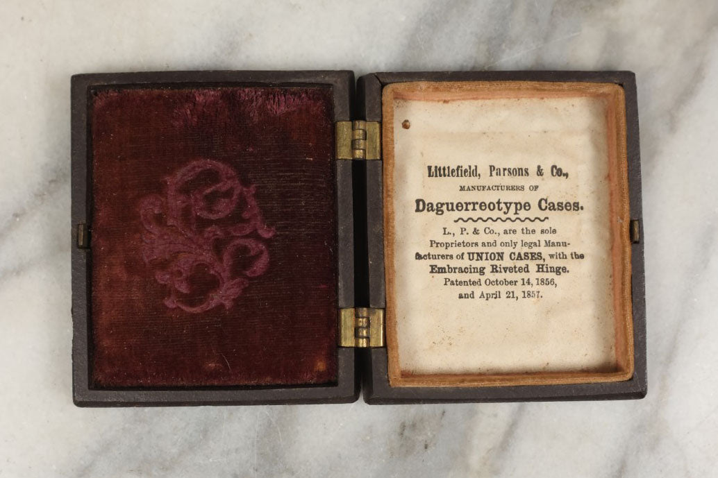 Lot 002 - Antique Union Case Thermoplastic Gutta Percha 1/9th Plate Hard Image Case With Children Catching Insects, By Littlefield, Parsons, And Co., Manufacturers, With Tintype Of Woman