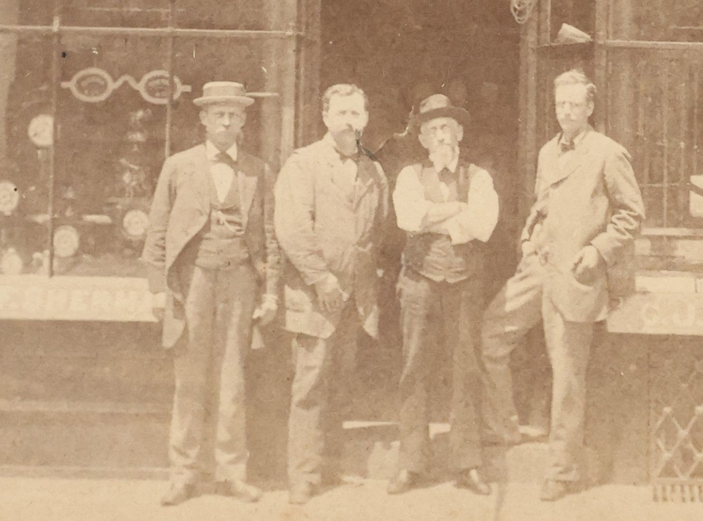 Lot 028 - Antique Cabinet Card Occupational Photograph Of C.J.F. Sherman & Co., Watches And Jewelry, With Men Outside, Note Optometrist Glasses Sign In Window, By Rand & Gould, Photographers, Boston