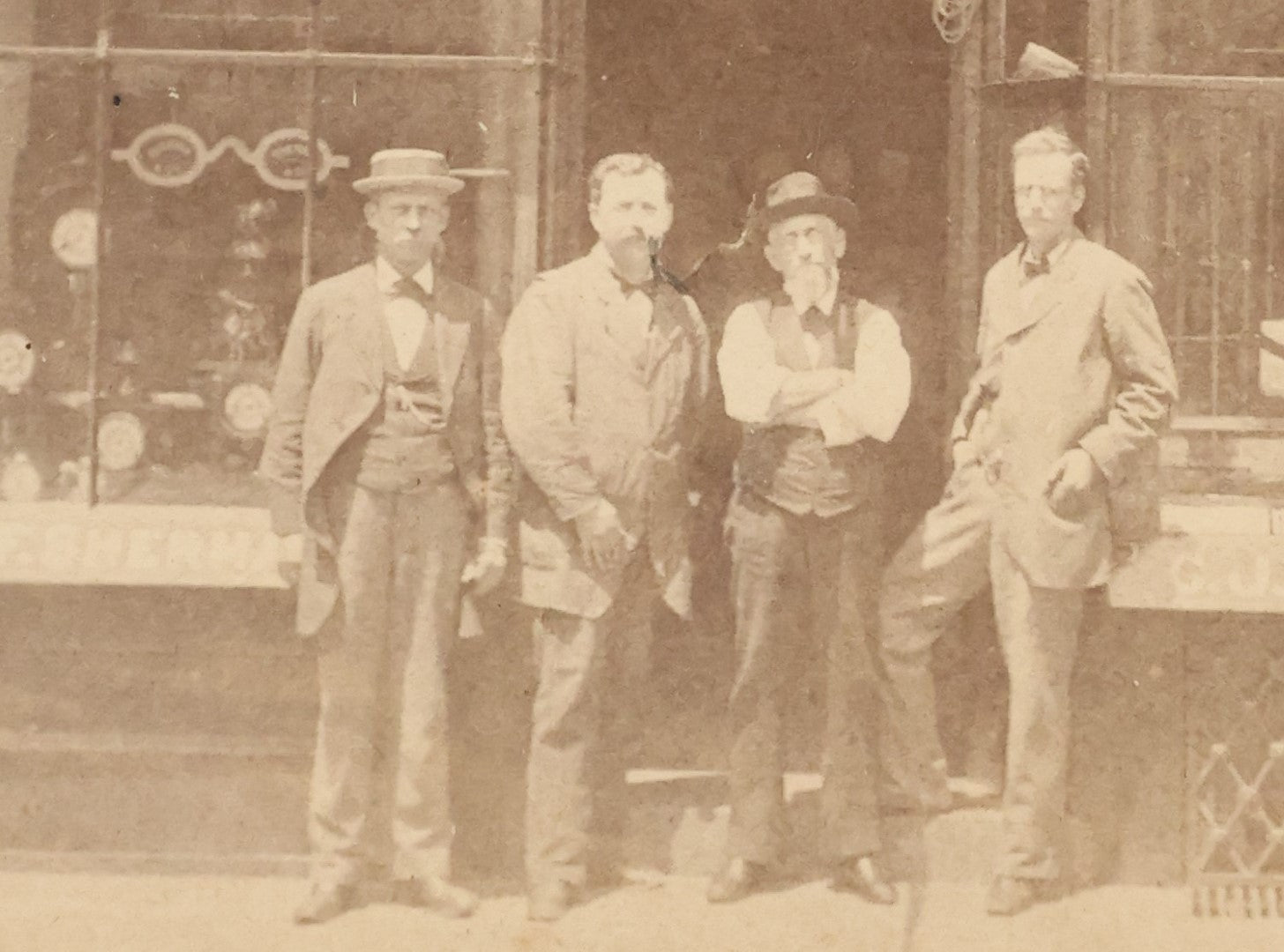 Lot 028 - Antique Cabinet Card Occupational Photograph Of C.J.F. Sherman & Co., Watches And Jewelry, With Men Outside, Note Optometrist Glasses Sign In Window, By Rand & Gould, Photographers, Boston