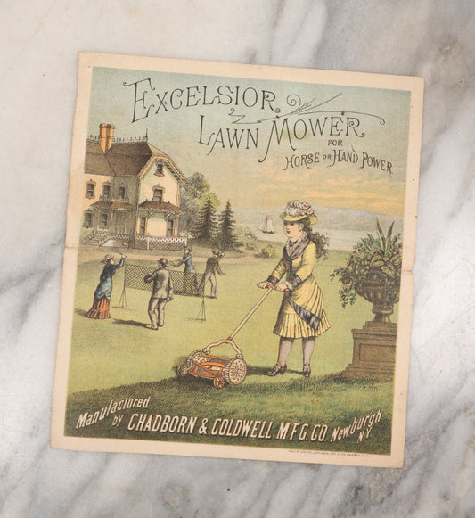 Lot 096 - Antique Excelsior Lawn Mower For Horse Or Hand Power Lithographed Advertisement, Manufactured By Chadborn And Goldewell, Mfg. Co., Newburgh, New York