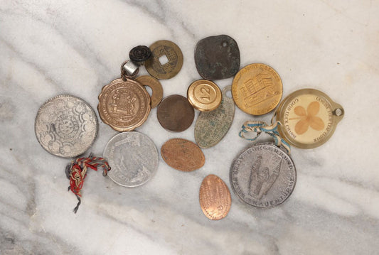 Lot 140 - Junk Drawer Grouping, 10+ Vintage And Antique Coins, Medallions, Buttons, And More, Including Four Leaf Clover Good Luck Keychain, Key Tag, Etc.