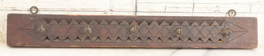 Lot 198 - Antique Folk Art Tramp Art Carved Key Holder With Five Hooks, Two Eye Hooks For Wall Mounting