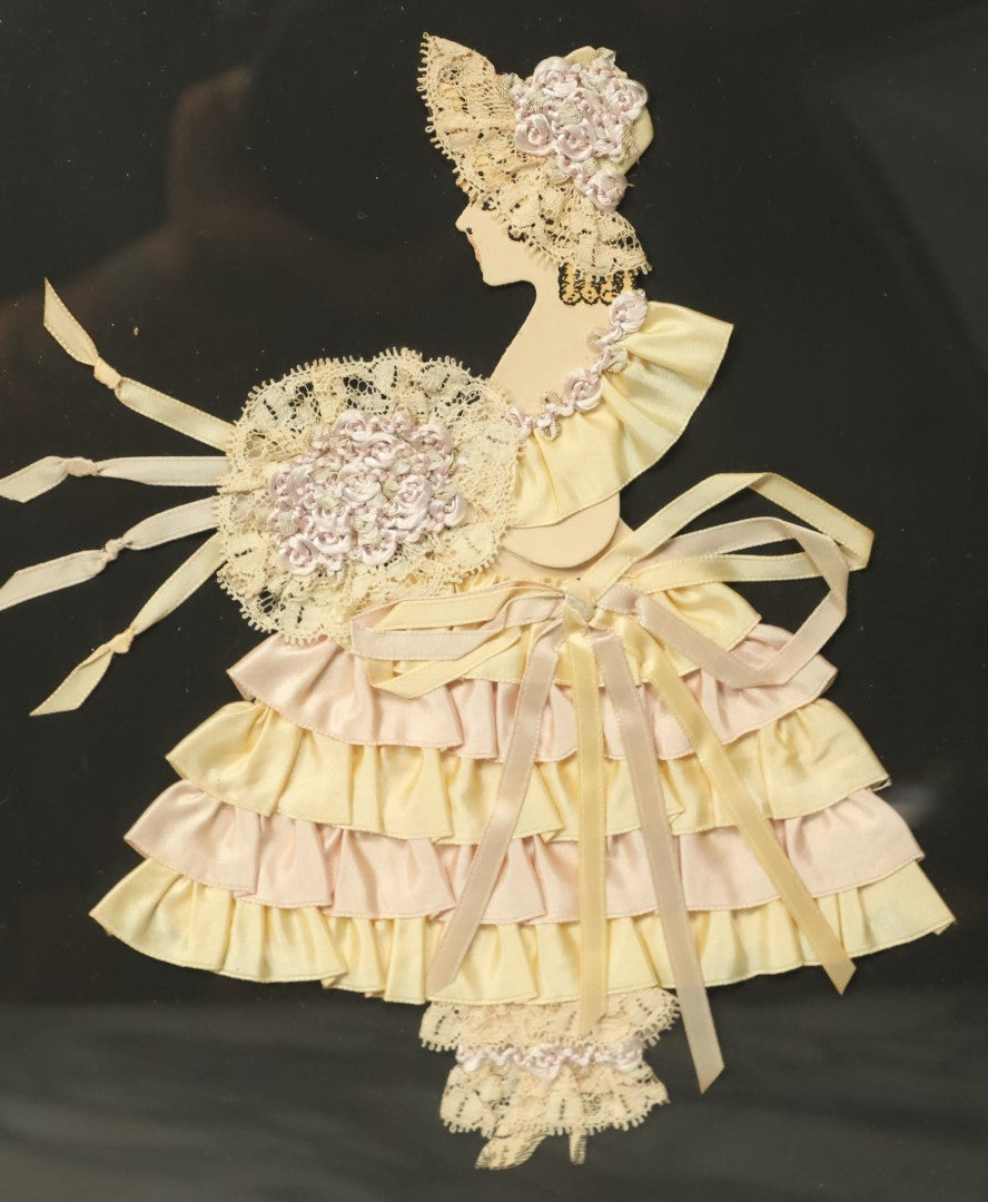 Lot 209 - Grouping Of Three Vintage Framed Ribbon Ladies, Including Woman In Red Made Of Faux Flower Petals, Two Yellow Ladies, Real Fabric, Etc, One Lot, One Money