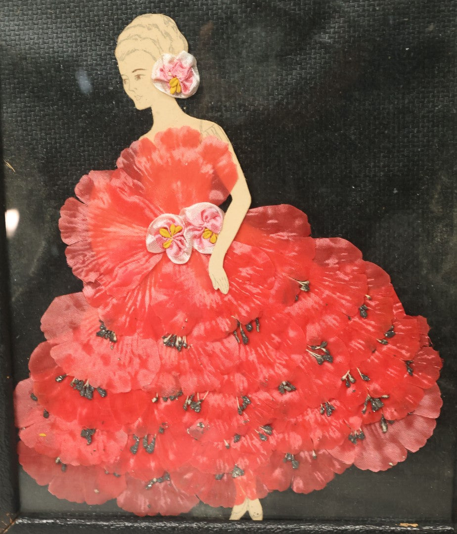 Lot 209 - Grouping Of Three Vintage Framed Ribbon Ladies, Including Woman In Red Made Of Faux Flower Petals, Two Yellow Ladies, Real Fabric, Etc, One Lot, One Money
