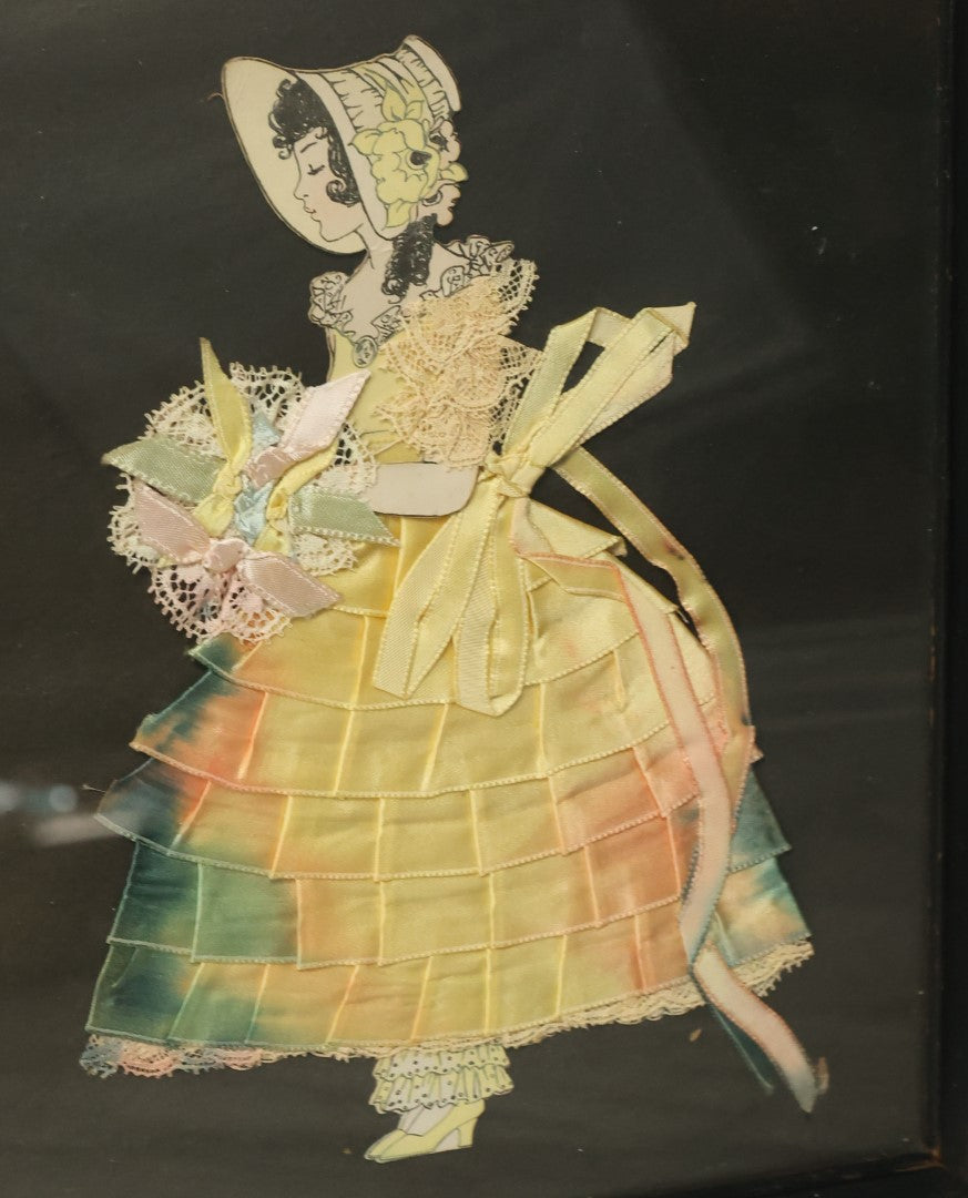 Lot 209 - Grouping Of Three Vintage Framed Ribbon Ladies, Including Woman In Red Made Of Faux Flower Petals, Two Yellow Ladies, Real Fabric, Etc, One Lot, One Money
