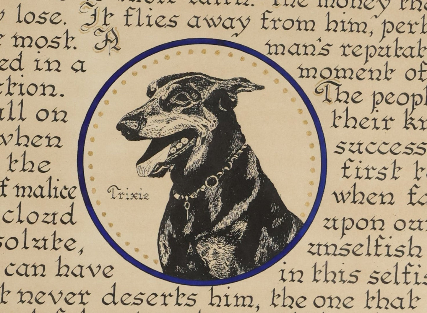 Lot 059 - Vintage Framed Dog Memorial, "Eulogy To A Dog" In Memory Of Trixie, A Doberman, Presented To Vic Richardson From His Many Friends, May 15, 1955, Framed