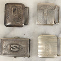 Lot 082 - Grouping Of Four Silver Plate Monogrammed Antique Or Vintage Art Deco Belt Buckles, 2 s, M, And K, Brands Include Maco, Hickok, And Spur, One Lot One Money