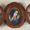 Lot 084 - Antique Hand Painted Miniature Portrait Of The Virgin Mary In Hand Carved Folk Art Frame With Swinging Doors, Kickstand