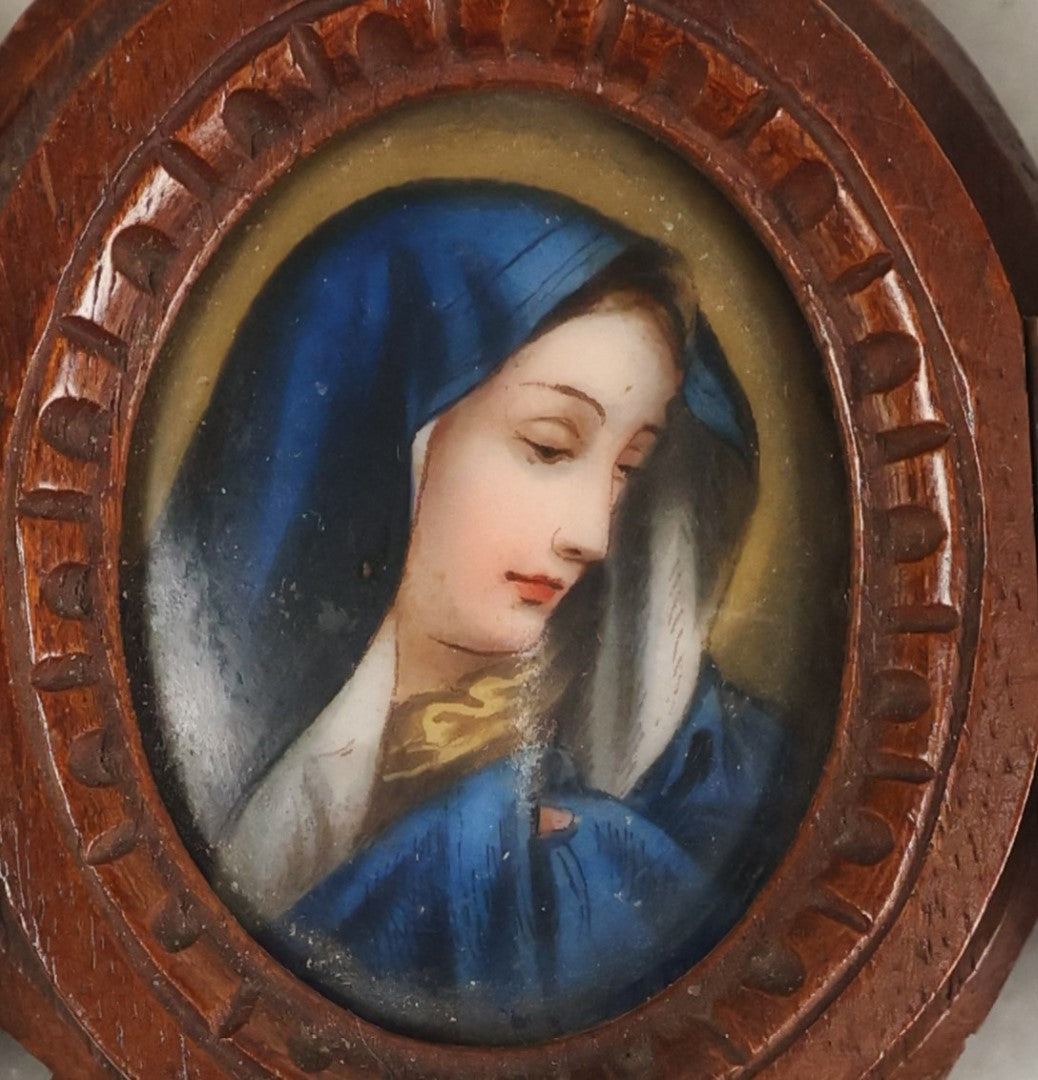 Lot 084 - Antique Hand Painted Miniature Portrait Of The Virgin Mary In Hand Carved Folk Art Frame With Swinging Doors, Kickstand