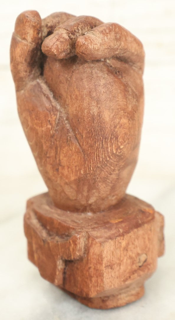 Lot 087 - Antique Nautical Hand Carved Sailor Folk Art Fist Touching Thumb To Middle Finger Gesture, With Carved Whale And Whale's Tail, Likely Sailor Made