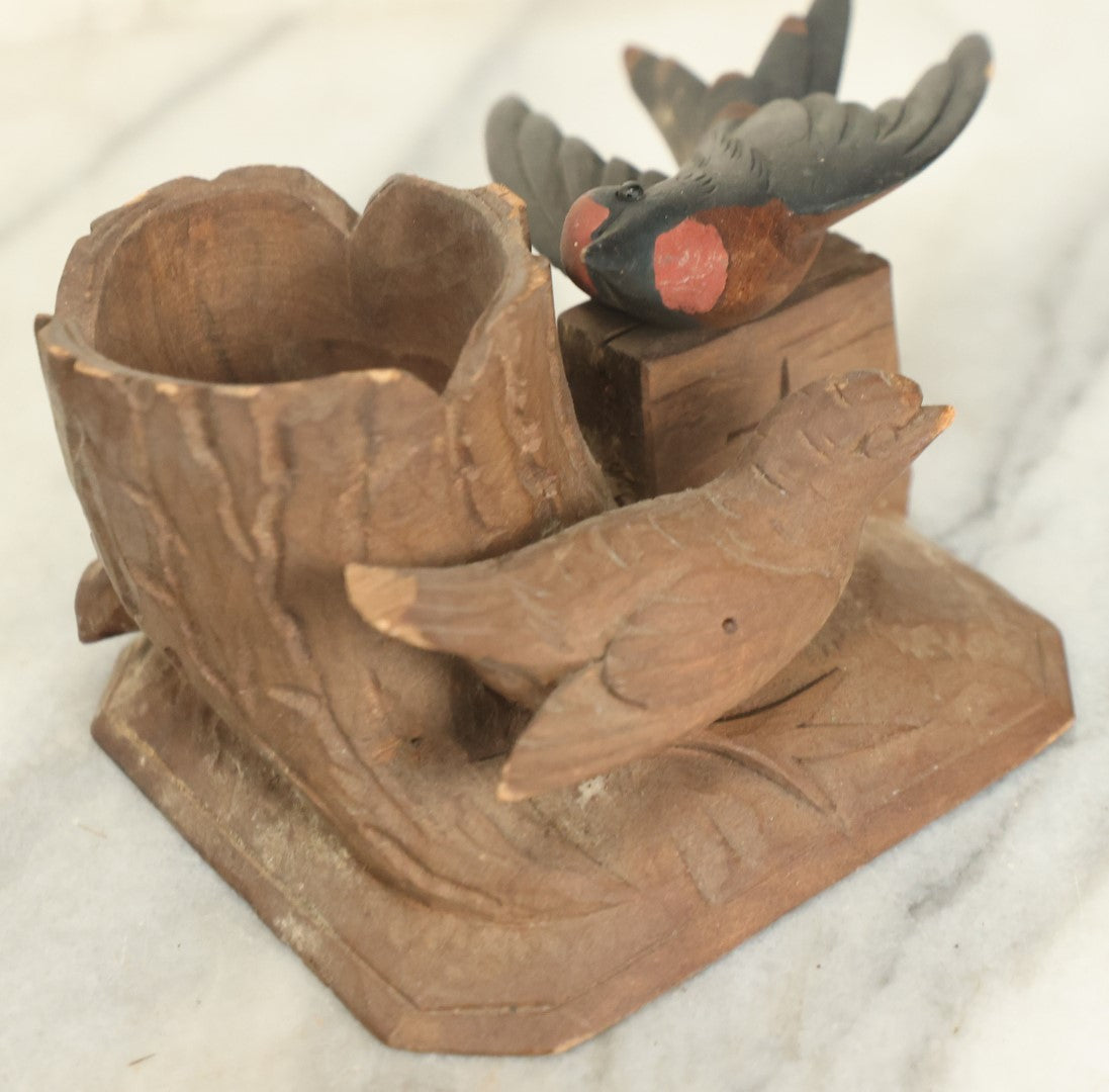 Lot 089 - Hand Carved Folk Art Toothpick Holder With Birds, Painted Swallow, Signed F.O. On Bottom, Note Losses, Damage