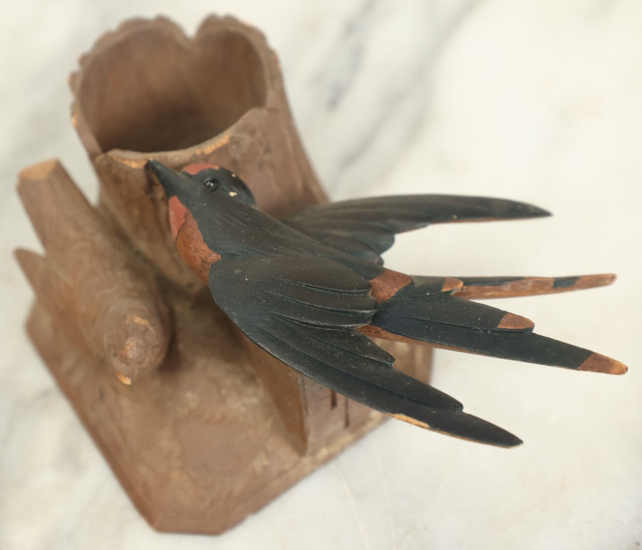 Lot 089 - Hand Carved Folk Art Toothpick Holder With Birds, Painted Swallow, Signed F.O. On Bottom, Note Losses, Damage