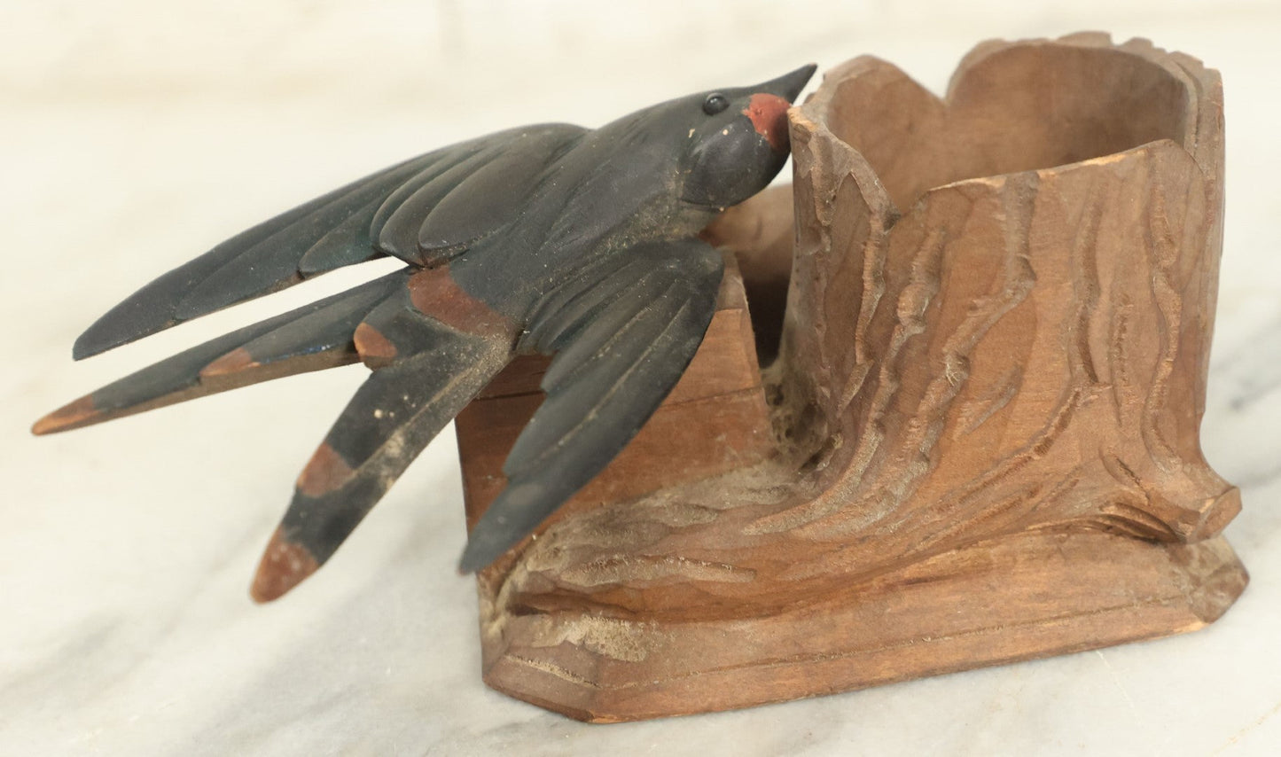 Lot 089 - Hand Carved Folk Art Toothpick Holder With Birds, Painted Swallow, Signed F.O. On Bottom, Note Losses, Damage