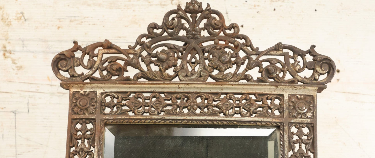 Lot 090 - Antique Ornate Cast Metal Mirror Frame With Beveled Mirror, Kick Stand, Unknown Maker, Note Wear And Crazing To Mirror