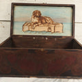 Lot 092 - Antique Folk Art Pyrography Flemish Art Wood Burned Box With Dog Floating In Water On Trunk, Hand Painted Blue Sky Backdrop, Woman On Top Of Cover