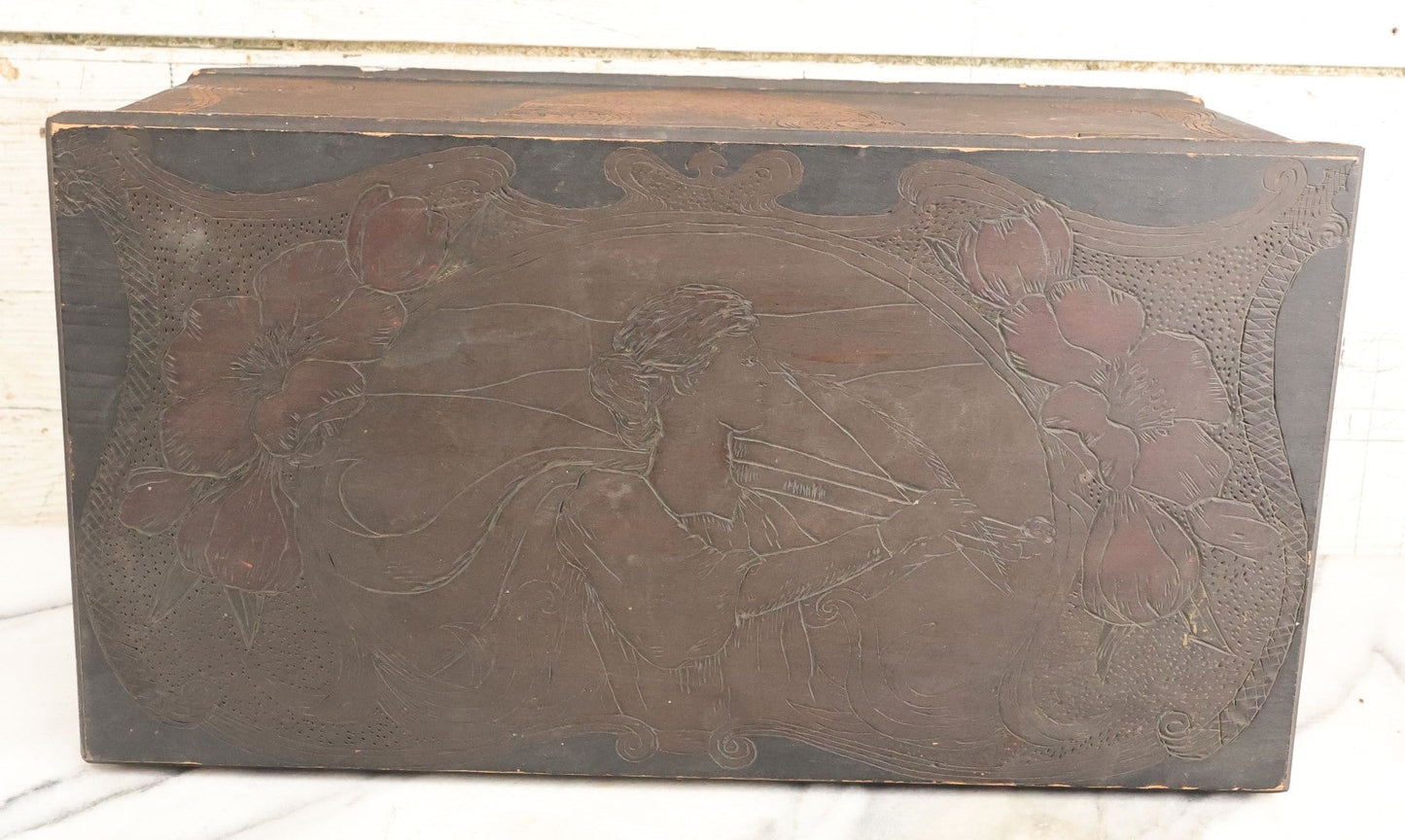 Lot 092 - Antique Folk Art Pyrography Flemish Art Wood Burned Box With Dog Floating In Water On Trunk, Hand Painted Blue Sky Backdrop, Woman On Top Of Cover