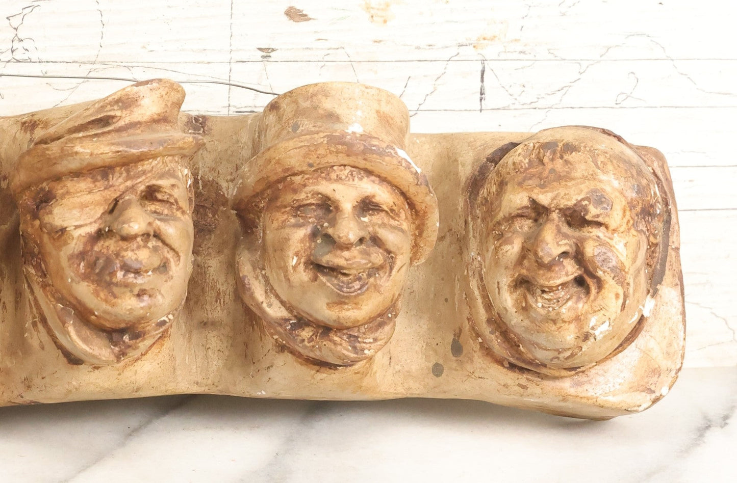 Lot 094 - Antique Seven Deadly Sins Monks And Devil / Satan Chalkware Pipe Rack Holder, In White Chalkware, Note Various Chips, Losses