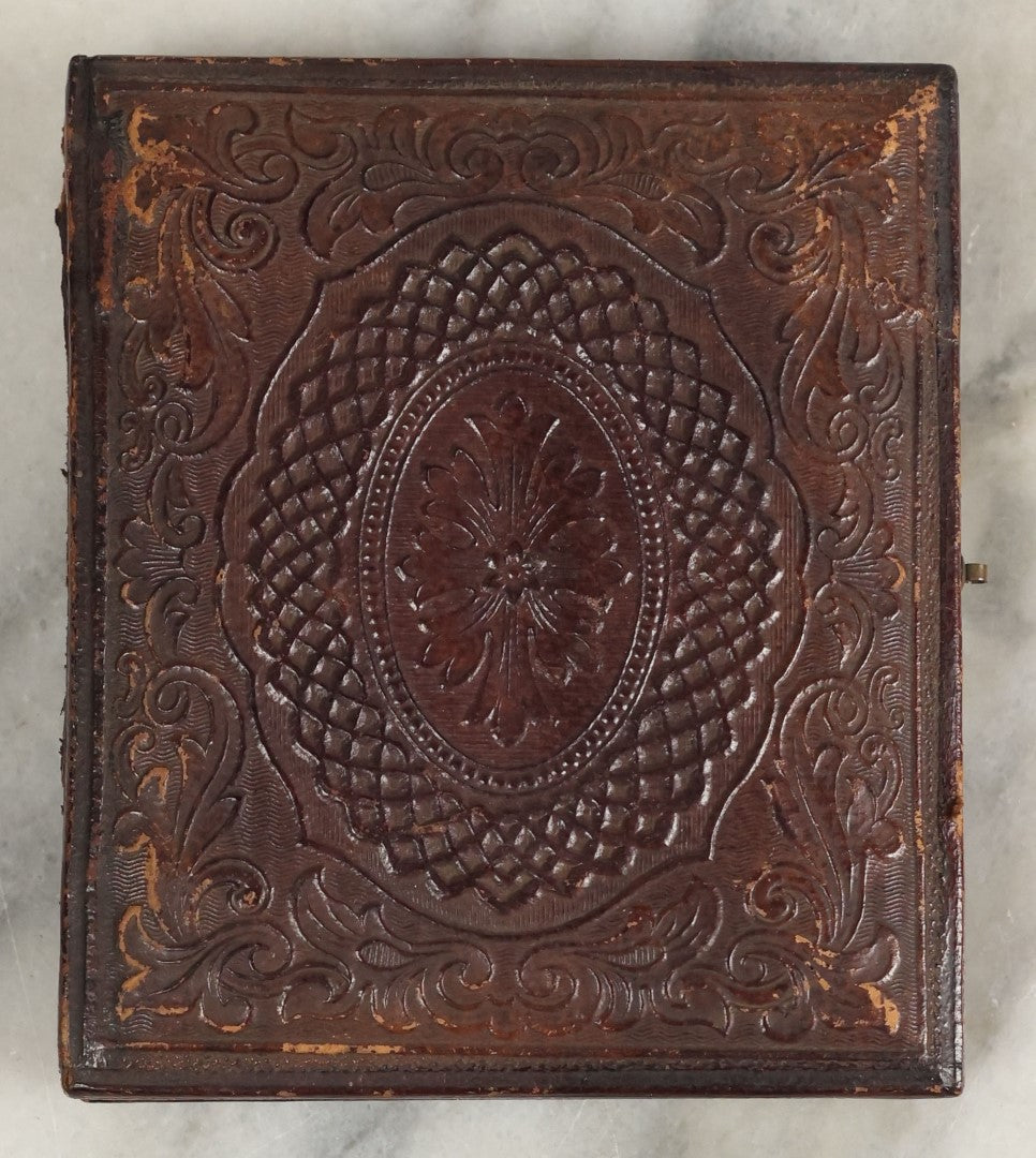 Lot 096 - Antique 1/6th Plate Daguerreotype Photograph Of A Young Boy In A Polka Dot Shirt And Checkered Pants, Resting Arm On Table With Paisley Drapery, In Seperated Complete Leatherette Case