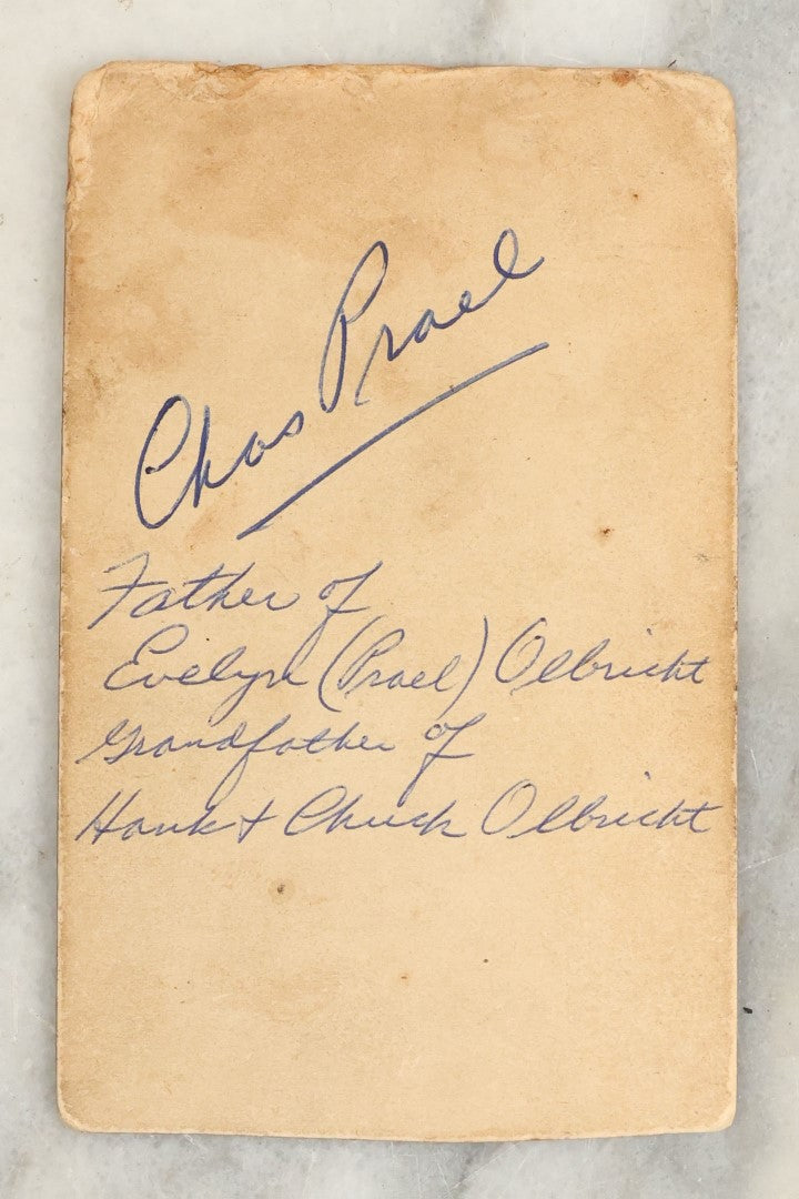 Lot 118 - Unusual Carte De Visite C.D.V. Photograph Of A Baby Laying On Fabric, Identified As Chas. Charles Prael, Father Of Evelyn Olbricht And Grandfather Of Hank And Chuck Olbricht