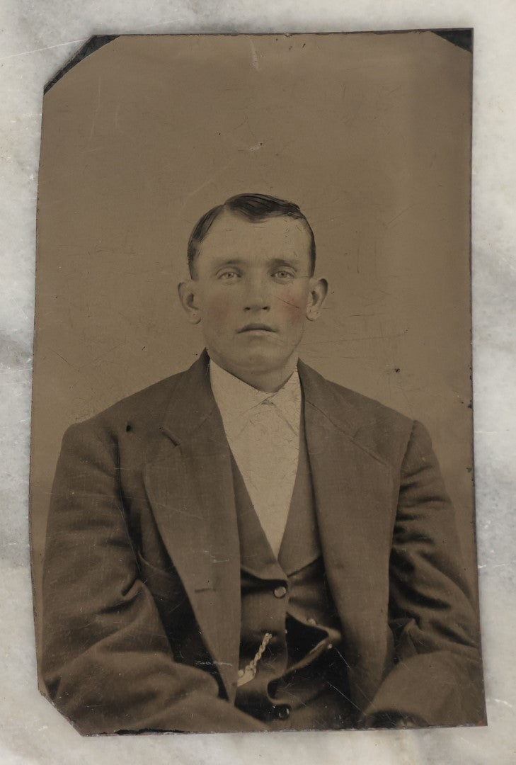 Lot 132 - Grouping Of Fifteen Antique Tintype Photographs Of Men, Including Old Man With White Hair And Grin, Bearded Man In Hat, Man With Large Mustache, Man With Nautical Backdrop, And Others