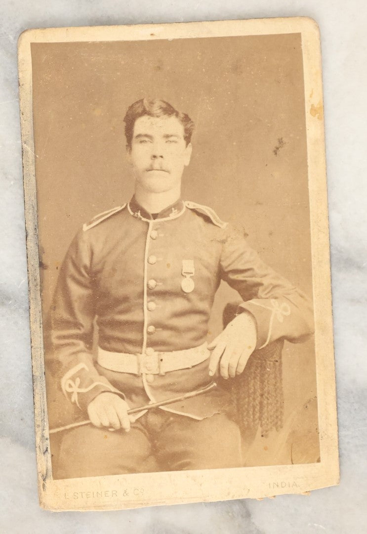 Lot 136 - Grouping Of Six Antique Carte De Visite C.D.V. Photographs Of Men In Uniform, Including Possible Civil War Veterans, Foreign Soldiers, Man With Rifle, Etc