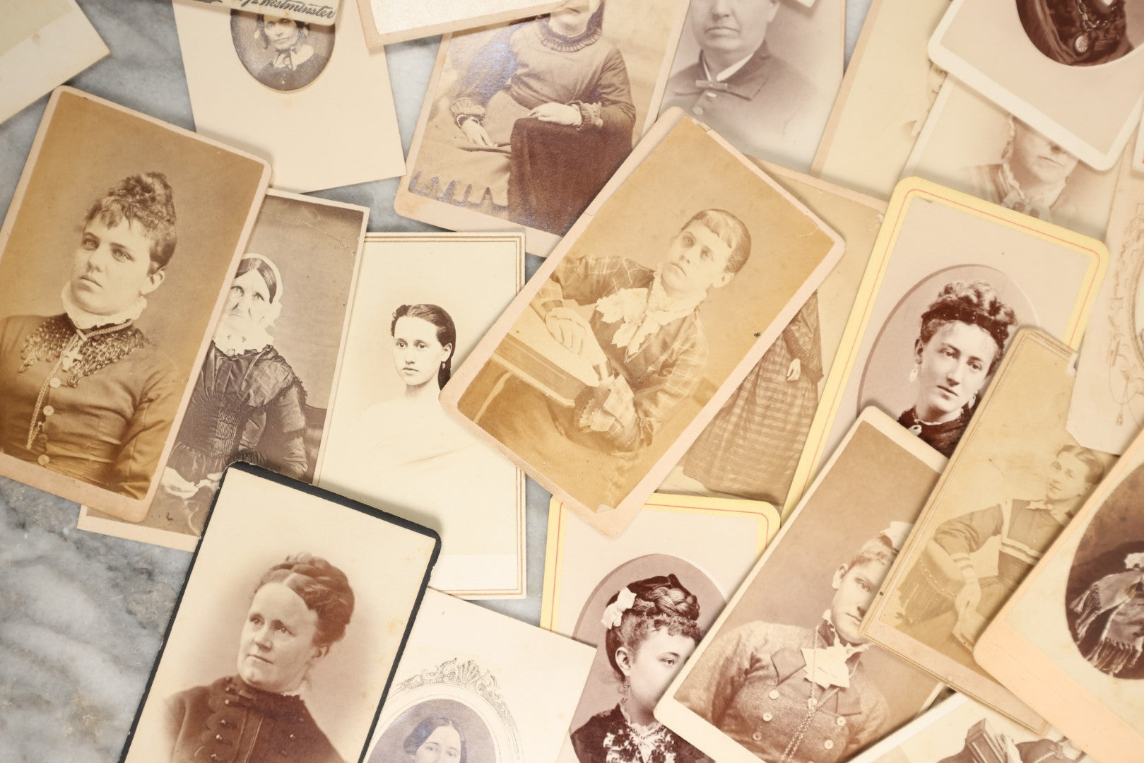 Lot 138 - Grouping Of 35+ Antique Carte De Visite C.D.V. Photographs Of Women And Girls, Including Many With Extravagant Books And Dress, Women Holding Book, Interesting Hairstyles, And More