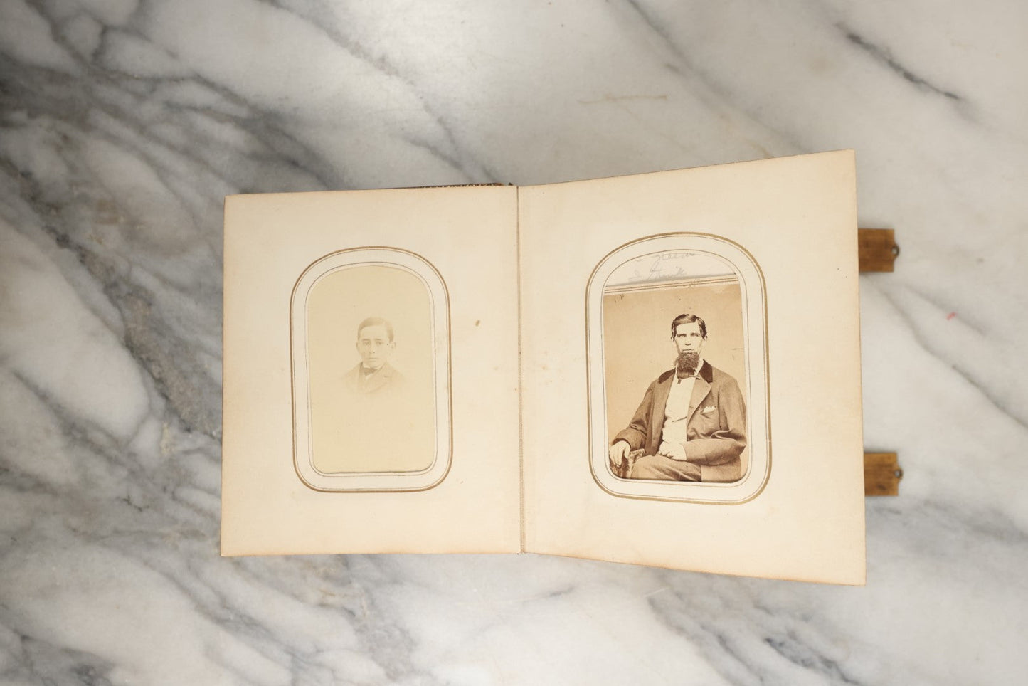 Lot 144 - Antique Photo Album With Gold Lettering On Spine, Gold On Cover, Containing Four Tintypes, 10 Carte De Visite, And 25 Snapshot Photos Of The Patterson Family, 19th / Early 20th Century, Including C.D.V. Of Little Girl Playing Piano (All Pages Included In Pictures)