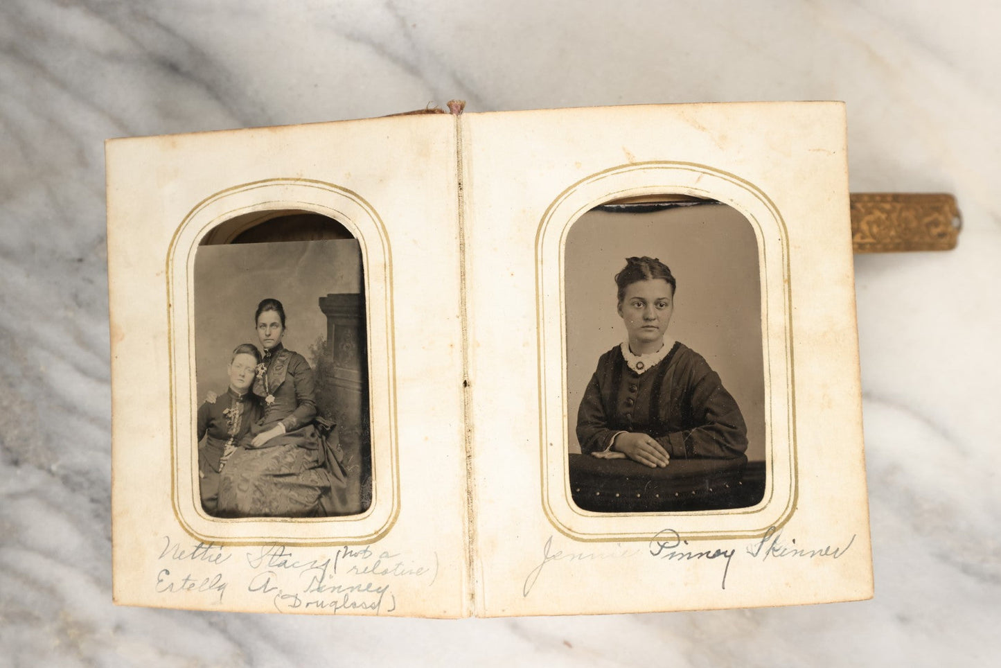 Lot 146 - Antique Photo Album With Missing Spine Covering Containing 28 Tintypes And 18 Carte De Visite C.D.V. Photos, Pinney And Skinner Families, Many Identified (All Pages Included In Pictures)