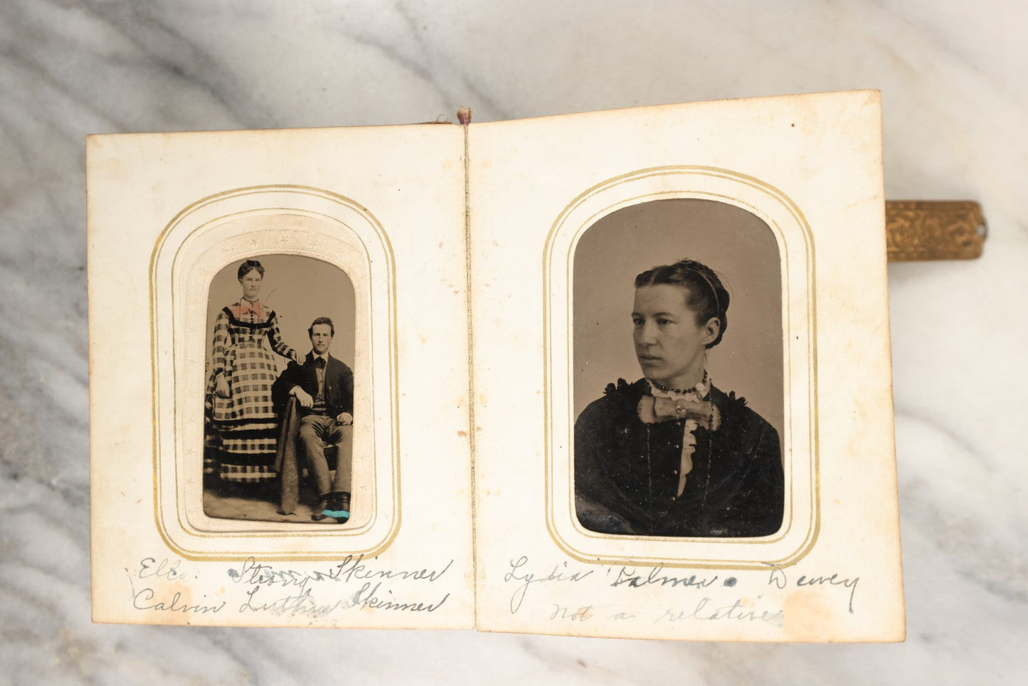 Lot 146 - Antique Photo Album With Missing Spine Covering Containing 28 Tintypes And 18 Carte De Visite C.D.V. Photos, Pinney And Skinner Families, Many Identified (All Pages Included In Pictures)