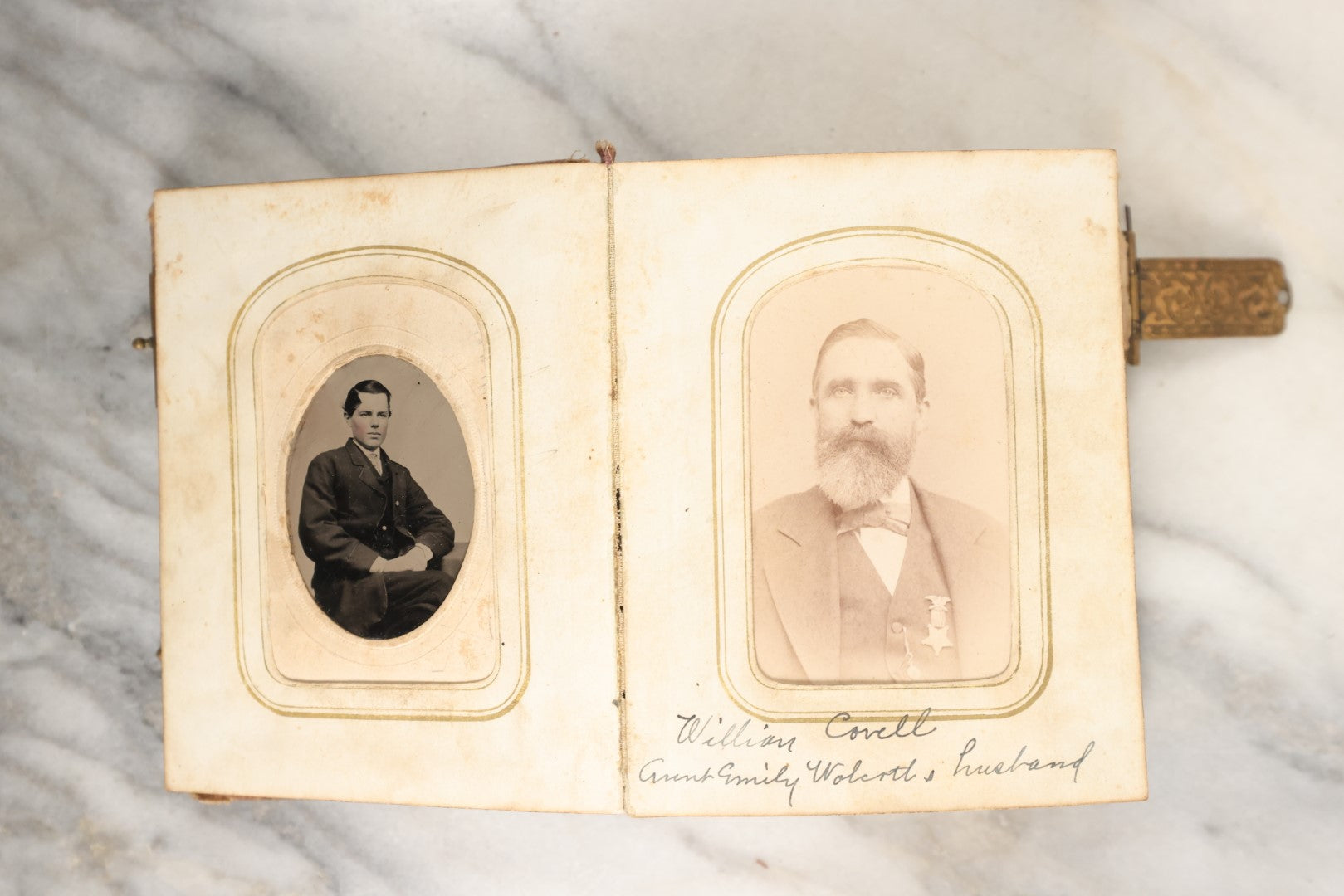 Lot 146 - Antique Photo Album With Missing Spine Covering Containing 28 Tintypes And 18 Carte De Visite C.D.V. Photos, Pinney And Skinner Families, Many Identified (All Pages Included In Pictures)