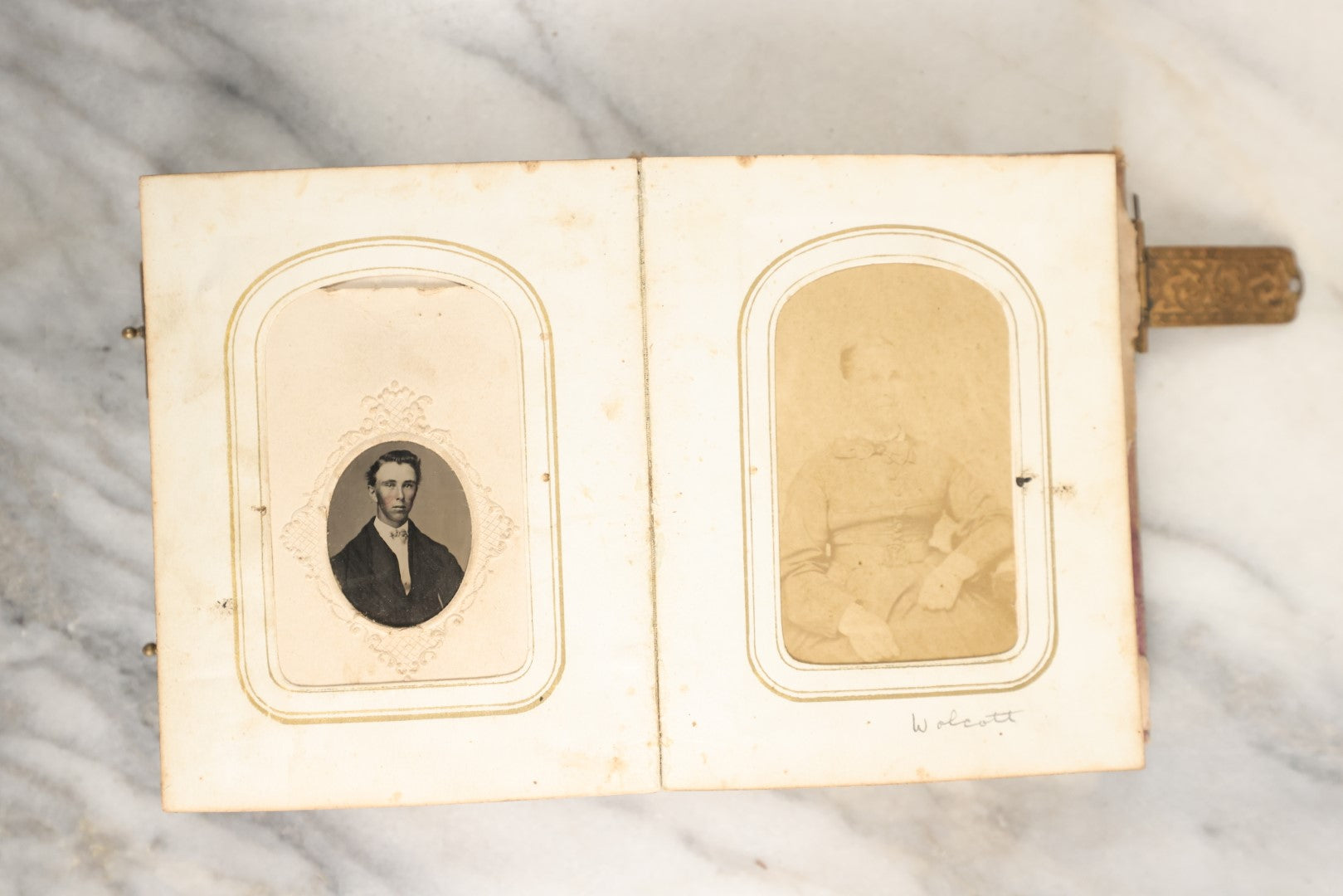 Lot 146 - Antique Photo Album With Missing Spine Covering Containing 28 Tintypes And 18 Carte De Visite C.D.V. Photos, Pinney And Skinner Families, Many Identified (All Pages Included In Pictures)