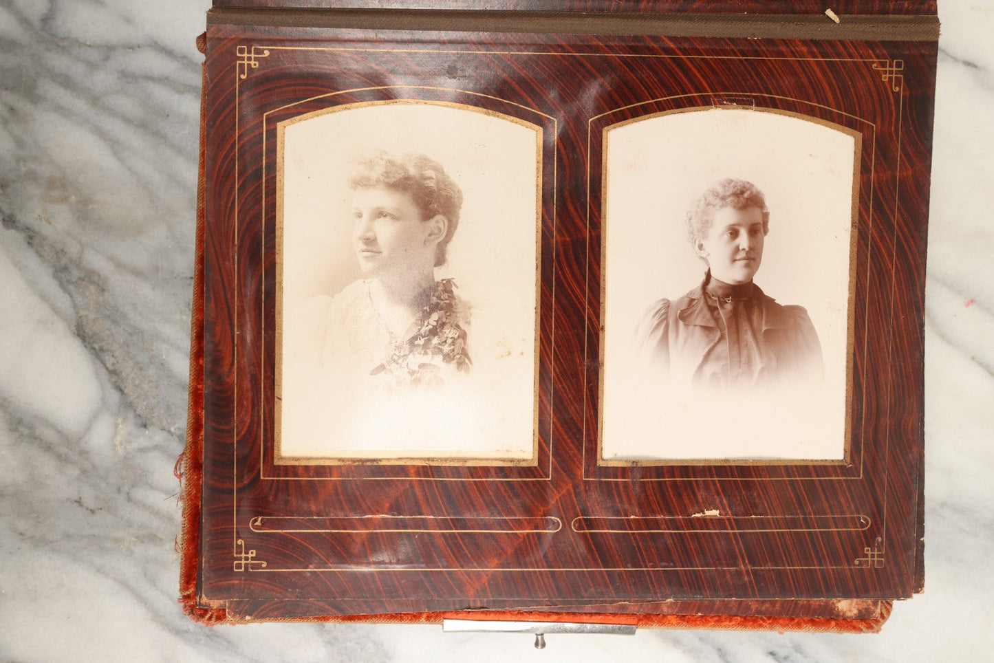 Lot 149 - Antique Cabinet Card Photo Album With Silverplate "Our Friends" Plaque, Christopher Columbus Adornments, Red Velvet Cover, Containing 19 Cabinet Cards, One Tintype, And 3 Carte De Visite C.D.V. Photos, Rough Condition (All Pages Included In Pictures)