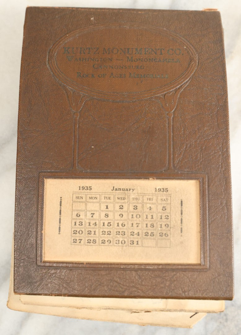 Lot 151 - Vintage Scrapbook Contained In A 1935 Calendar  Notebook From Kurtz Monument Company Rock Of Ages Gravestones, Containing Newspaper Clippings, Handwriting, Many Ponderings On Lincoln, Washington, Religion