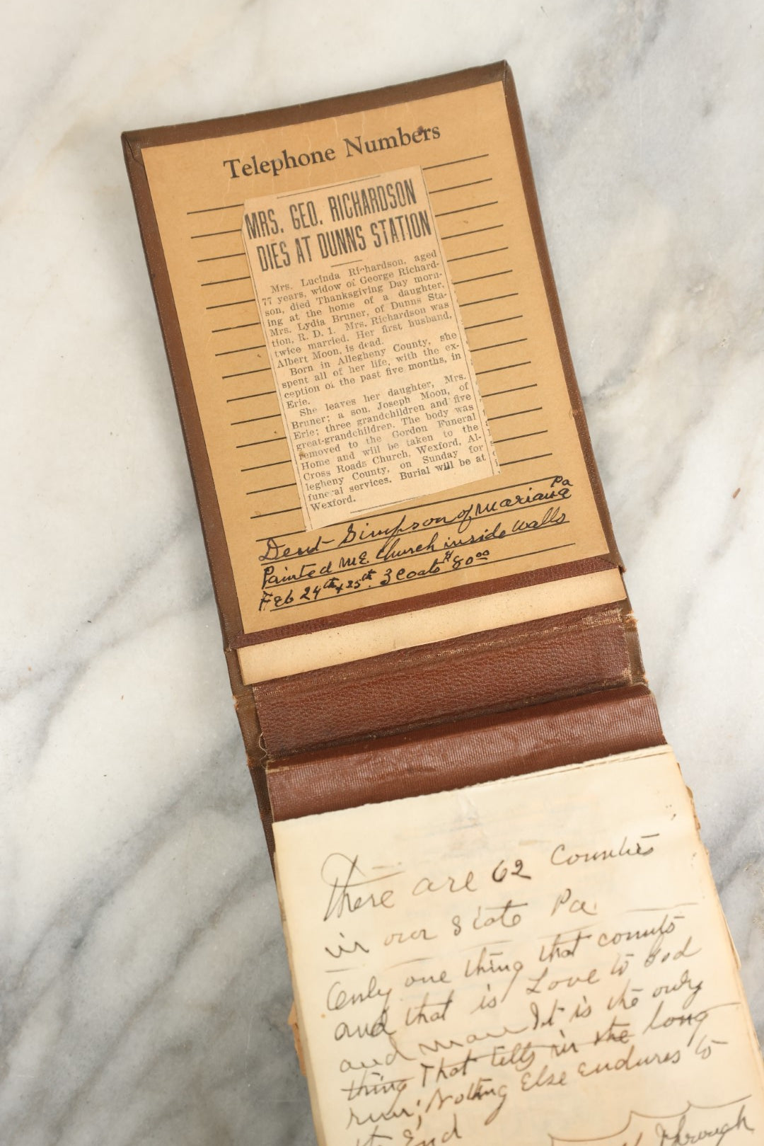 Lot 151 - Vintage Scrapbook Contained In A 1935 Calendar  Notebook From Kurtz Monument Company Rock Of Ages Gravestones, Containing Newspaper Clippings, Handwriting, Many Ponderings On Lincoln, Washington, Religion