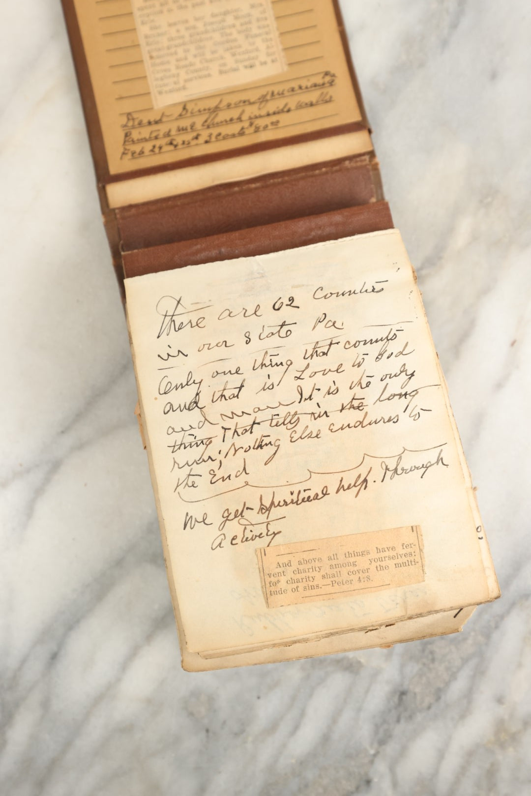 Lot 151 - Vintage Scrapbook Contained In A 1935 Calendar  Notebook From Kurtz Monument Company Rock Of Ages Gravestones, Containing Newspaper Clippings, Handwriting, Many Ponderings On Lincoln, Washington, Religion