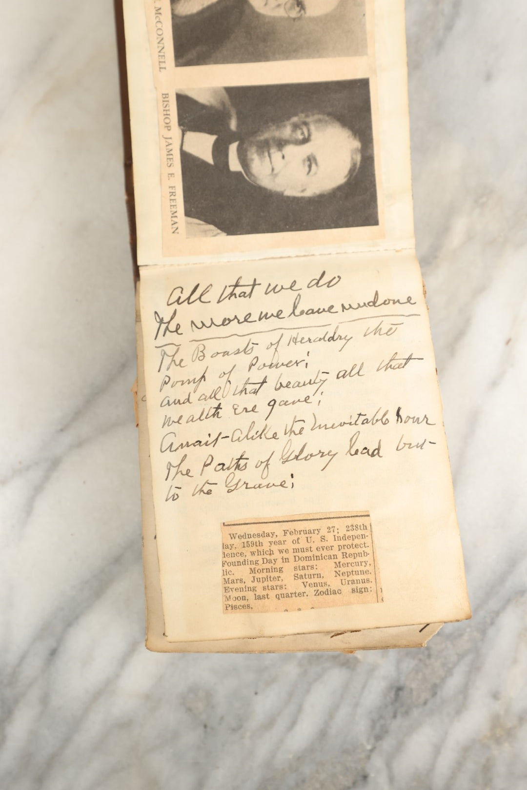 Lot 151 - Vintage Scrapbook Contained In A 1935 Calendar  Notebook From Kurtz Monument Company Rock Of Ages Gravestones, Containing Newspaper Clippings, Handwriting, Many Ponderings On Lincoln, Washington, Religion