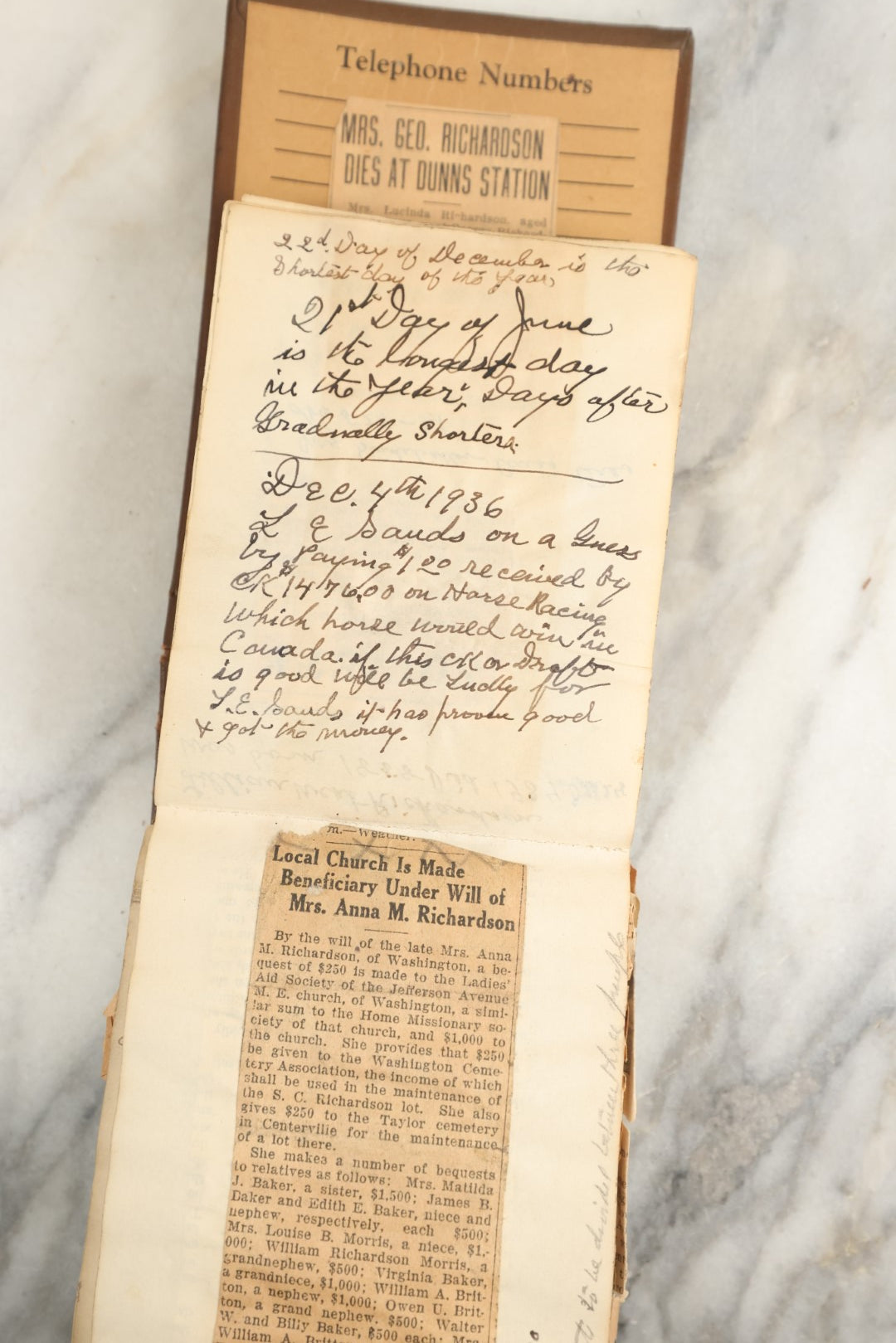 Lot 151 - Vintage Scrapbook Contained In A 1935 Calendar  Notebook From Kurtz Monument Company Rock Of Ages Gravestones, Containing Newspaper Clippings, Handwriting, Many Ponderings On Lincoln, Washington, Religion