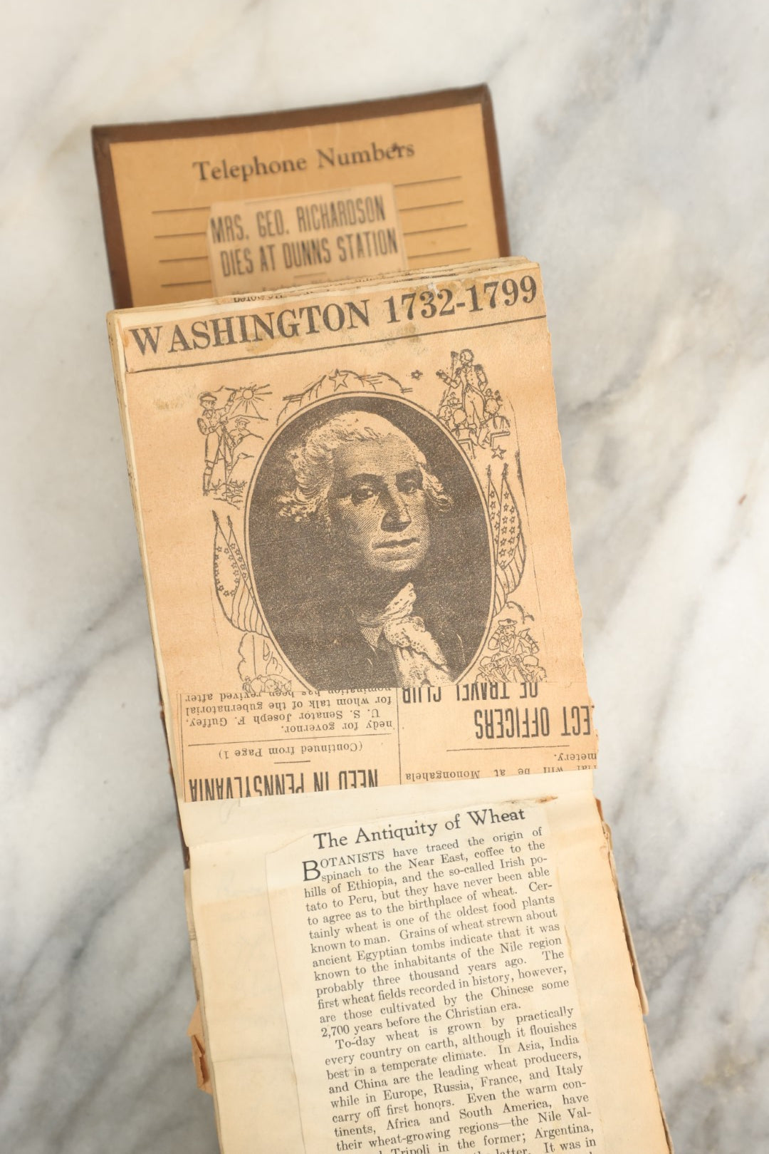 Lot 151 - Vintage Scrapbook Contained In A 1935 Calendar  Notebook From Kurtz Monument Company Rock Of Ages Gravestones, Containing Newspaper Clippings, Handwriting, Many Ponderings On Lincoln, Washington, Religion