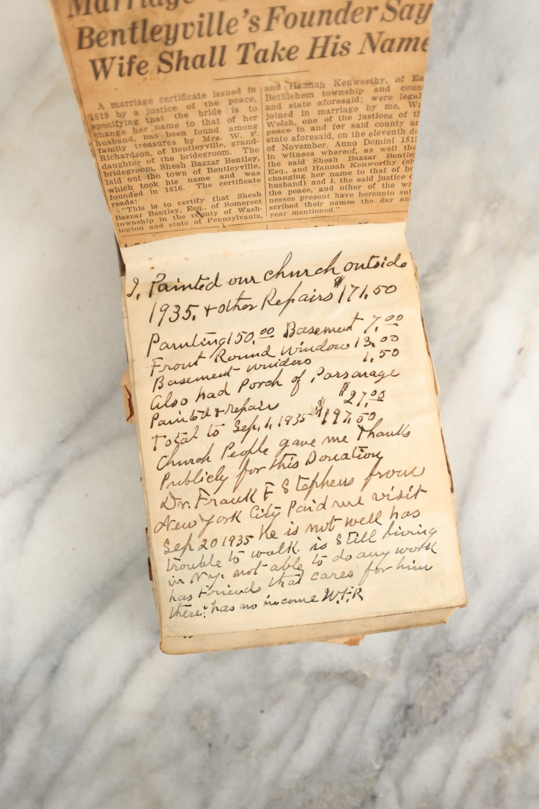 Lot 151 - Vintage Scrapbook Contained In A 1935 Calendar  Notebook From Kurtz Monument Company Rock Of Ages Gravestones, Containing Newspaper Clippings, Handwriting, Many Ponderings On Lincoln, Washington, Religion